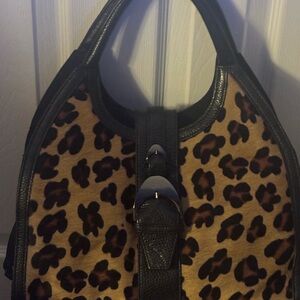 Leopard Print Shoulder Bag with Black Trim and Buckle Detail
